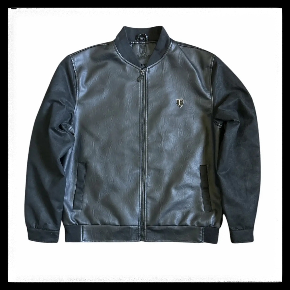 Men's Black Faux Leather Bomber Jacket
